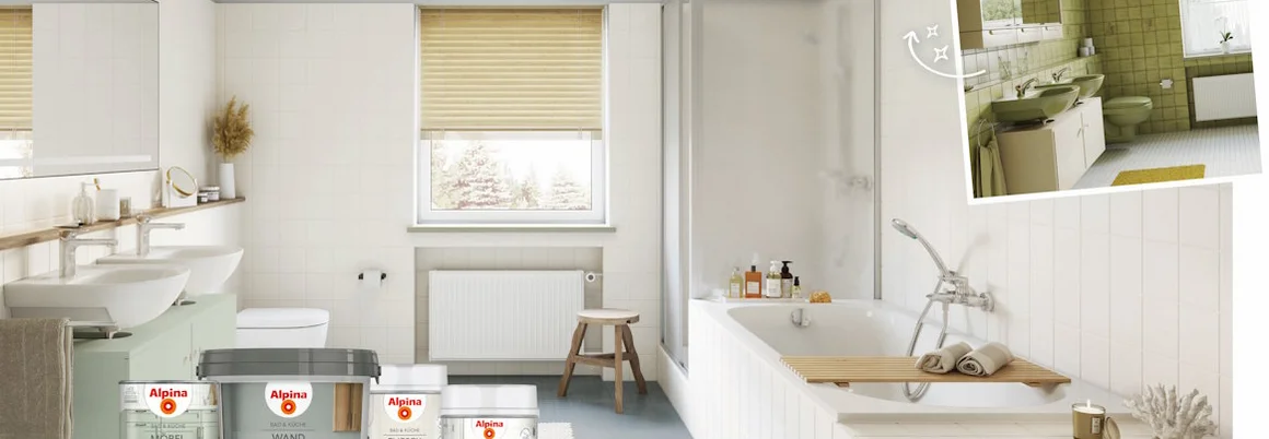 Helles Badezimmer mit Vorher-Nachher-Vergleich